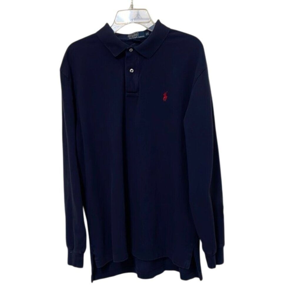 Ralph Lauren Vintage Navy Blue Long Sleeve Polo Shirt Mens Extra Large